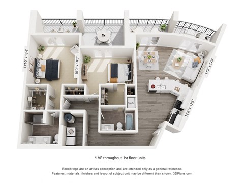 Floor plan for 2 beds, 2 baths, 1300 sqft